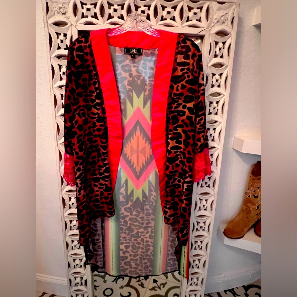Western cardigan with leopard print and pink detail size small